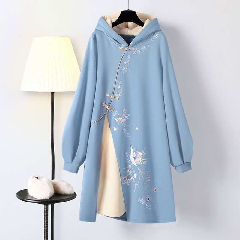 Embroidery Loose Hoodie Vintage Sweatshirt Dress - Blue+Apricot - 4XL - image 1