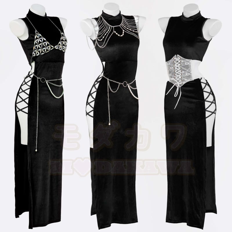 Velvet Lace Up Hollow Out Side Split Dress - image 1