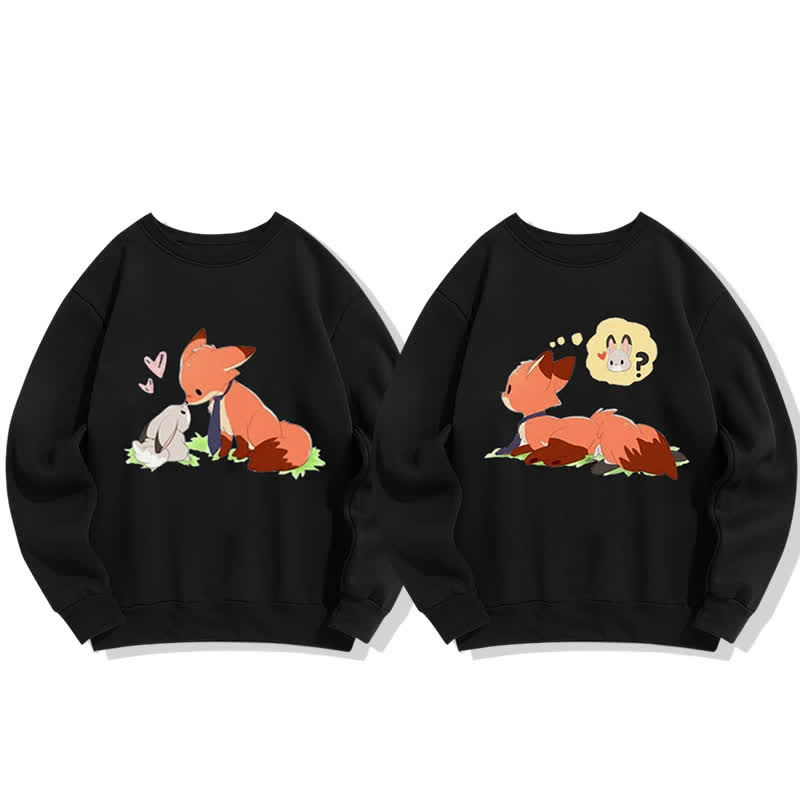Modakawa Girlfriend Boyfriend Fox Bunny Print Round Collar Sweatshirt - image 2