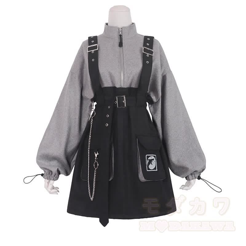 Punk Zipper Chain Pocket Sweatshirt Dress with Chest Waist Strap Adjustable Buckle Belt - Black & Gray - 2XL - image 3