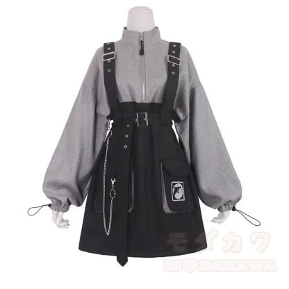 Punk Zipper Chain Pocket Sweatshirt Dress with Chest Waist Strap Adjustable Buckle Belt - Black & Gray - 2XL - image 3