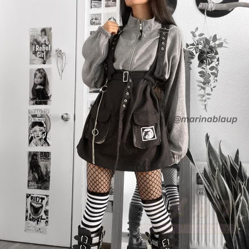 Punk Zipper Chain Pocket Sweatshirt Dress with Chest Waist Strap Adjustable Buckle Belt - image 1