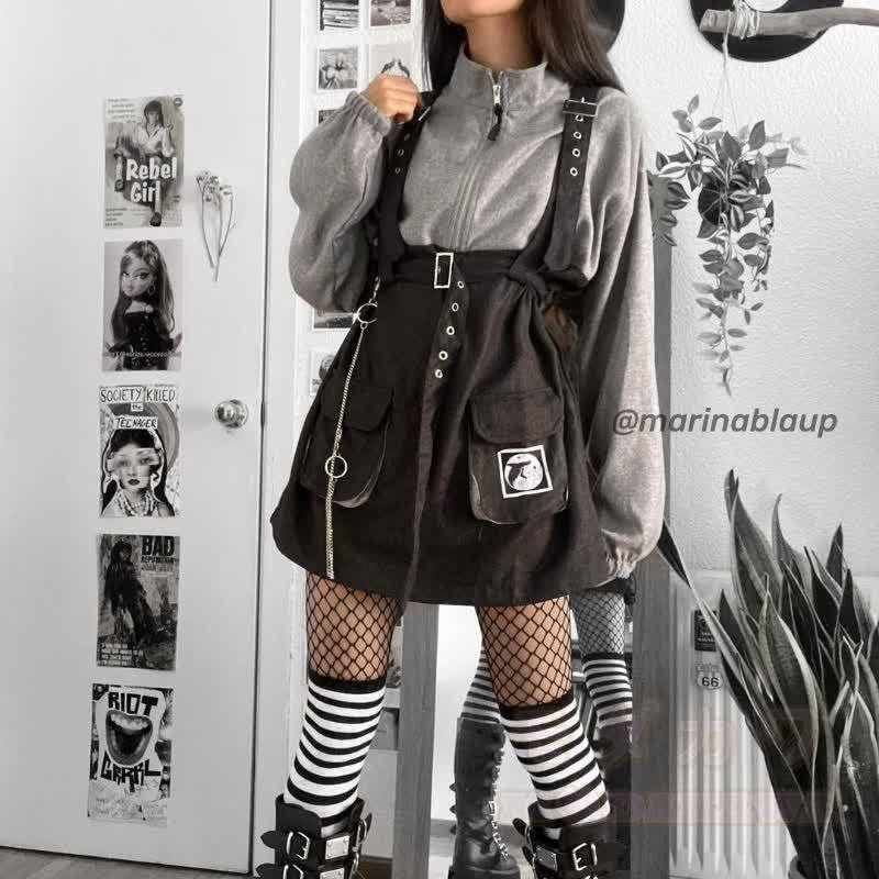 Punk Zipper Chain Pocket Sweatshirt Dress with Chest Waist Strap Adjustable Buckle Belt - image 1