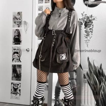 Punk Zipper Chain Pocket Sweatshirt Dress with Chest Waist Strap Adjustable Buckle Belt - image 1