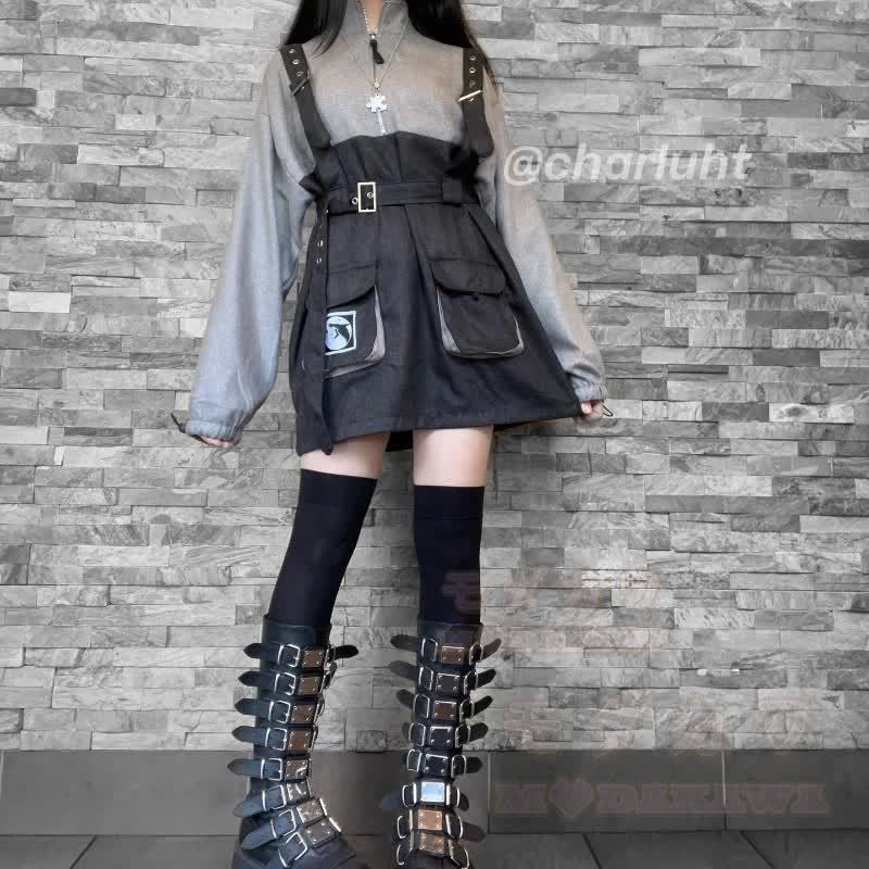 Punk Zipper Chain Pocket Sweatshirt Dress with Chest Waist Strap Adjustable Buckle Belt - image 4