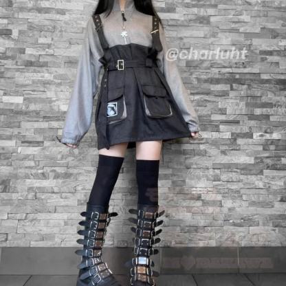 Punk Zipper Chain Pocket Sweatshirt Dress with Chest Waist Strap Adjustable Buckle Belt - image 4