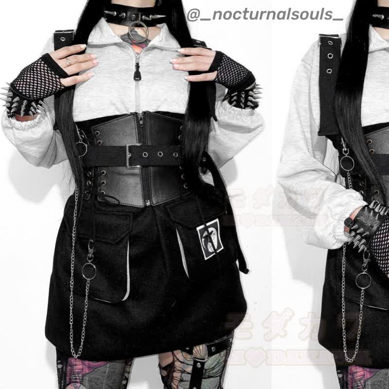 Punk Zipper Chain Pocket Sweatshirt Dress with Chest Waist Strap Adjustable Buckle Belt - image 6