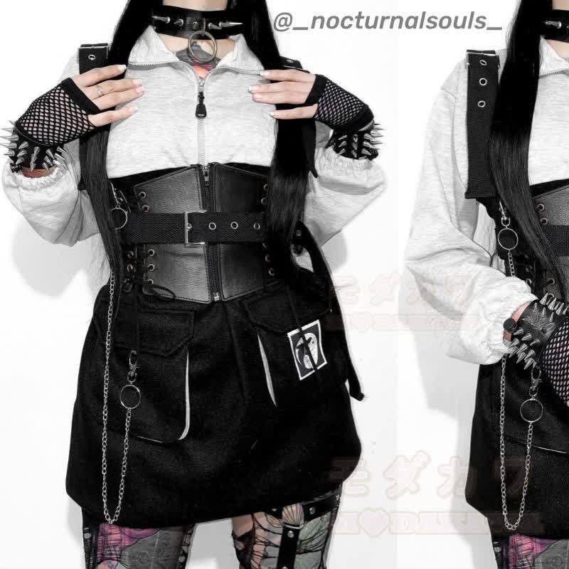 Punk Zipper Chain Pocket Sweatshirt Dress with Chest Waist Strap Adjustable Buckle Belt - image 6
