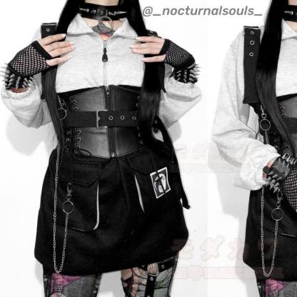 Punk Zipper Chain Pocket Sweatshirt Dress with Chest Waist Strap Adjustable Buckle Belt - image 6