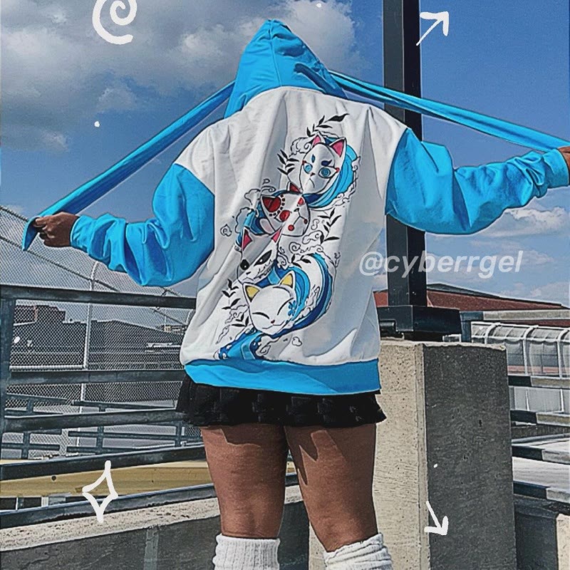 Modakawa Vintage Fox Print Zipper Long Bunny Ears Hoodie - Blue - 2XL - image 1
