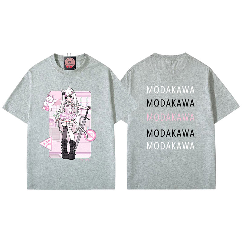 MODAKAWA X airii.exe Kitty Girl Letter Print 100% Cotton T-shirt - Grey - 5XL - image 4