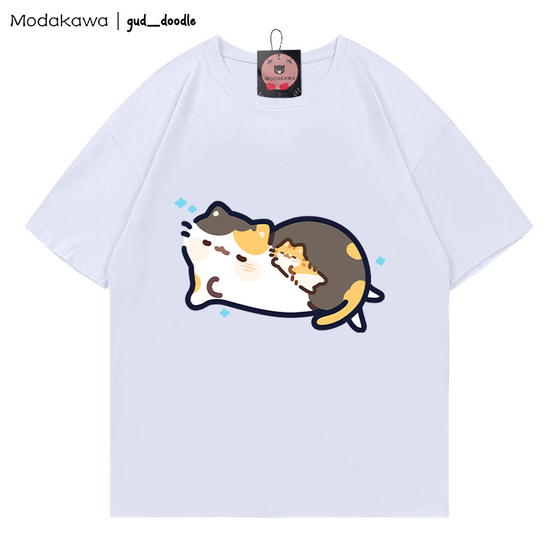 MODAKAWA X gud_doodle Sleeping Cat Print T-shirt - White - 5XL - image 4