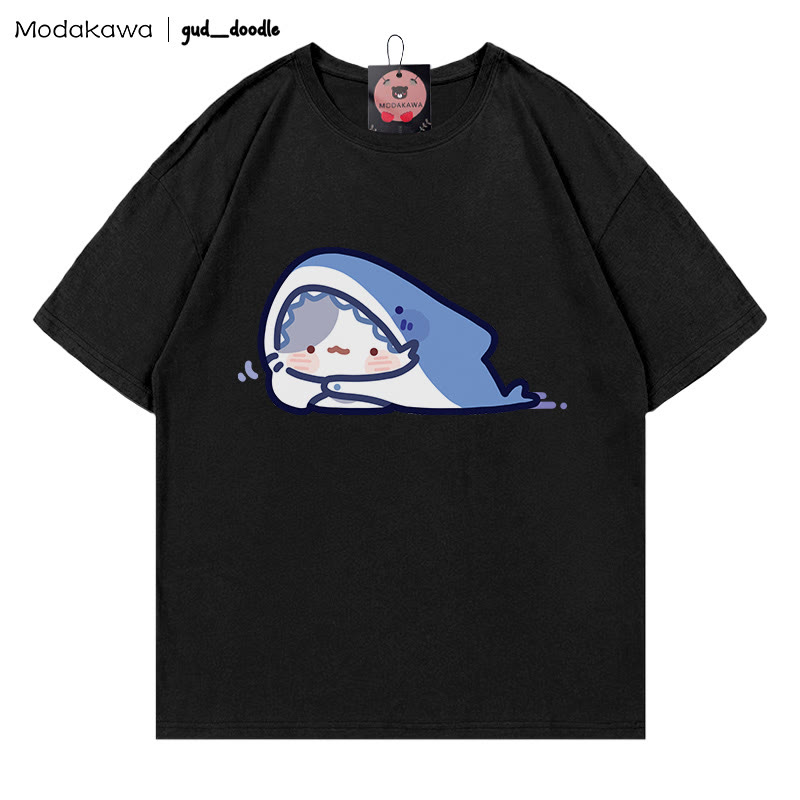 MODAKAWA X gud_doodle Kitty Shark Print T-shirt - Black - 5XL - image 4
