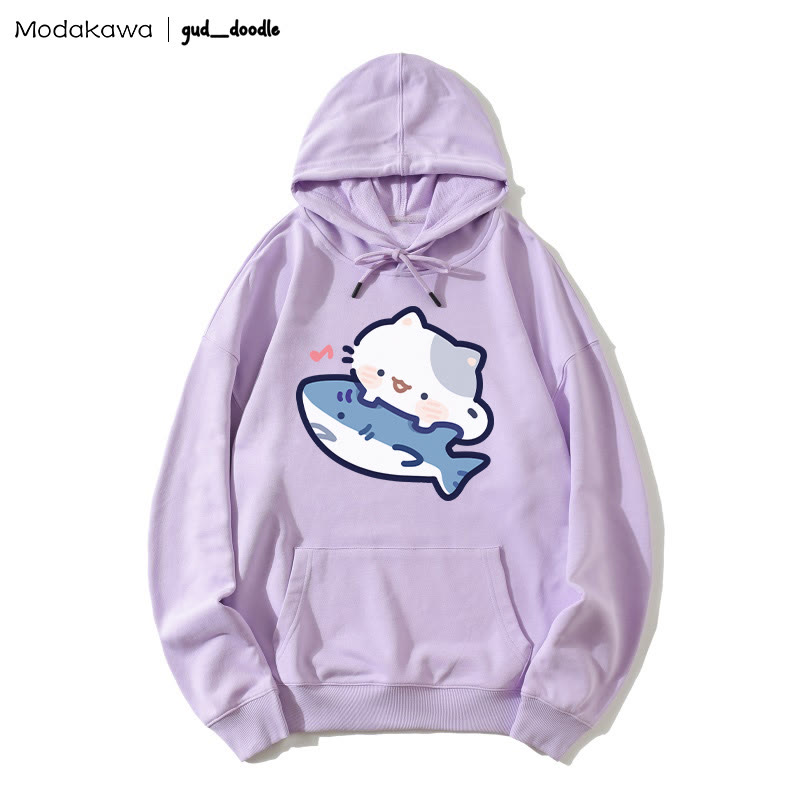 MODAKAWA X gud_doodle Kitty Shark Print Loose Hoodie - Purple - 5XL - image 3