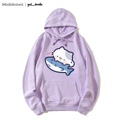 MODAKAWA X gud_doodle Kitty Shark Print Loose Hoodie - Purple - 5XL - image 3