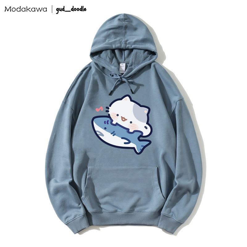 MODAKAWA X gud_doodle Kitty Shark Print Loose Hoodie - Slate Blue - 5XL - image 7