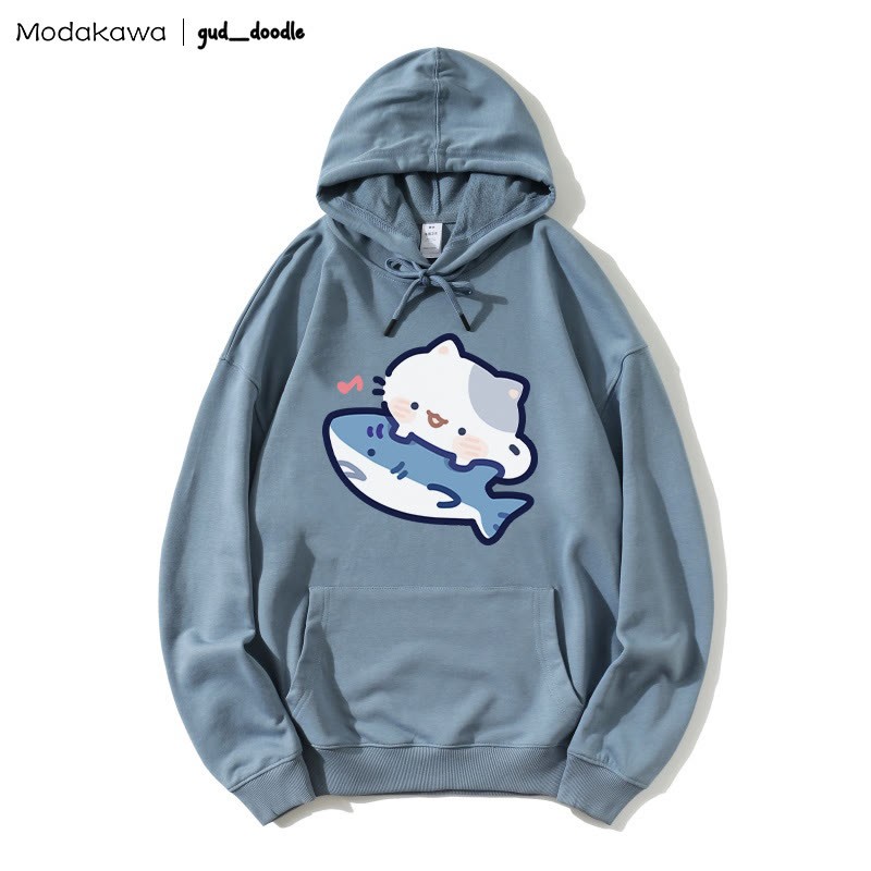 MODAKAWA X gud_doodle Kitty Shark Print Loose Hoodie - Slate Blue - 5XL - image 7