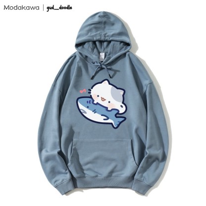 MODAKAWA X gud_doodle Kitty Shark Print Loose Hoodie - Slate Blue - 5XL - image 7