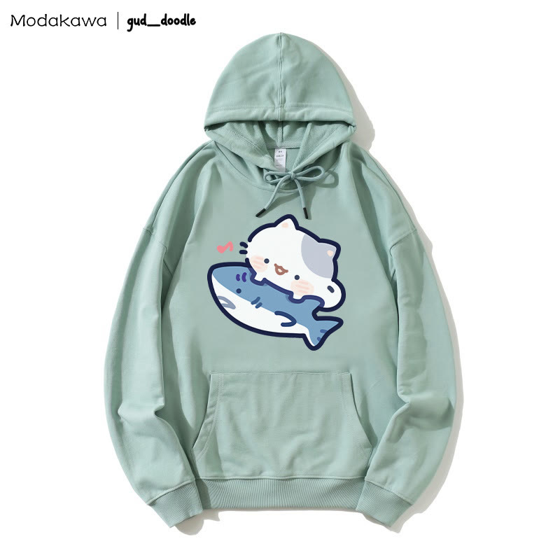 MODAKAWA X gud_doodle Kitty Shark Print Loose Hoodie - Green - 5XL - image 1