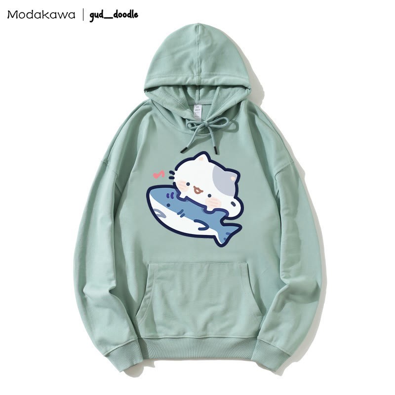 MODAKAWA X gud_doodle Kitty Shark Print Loose Hoodie - Green - 5XL - image 1