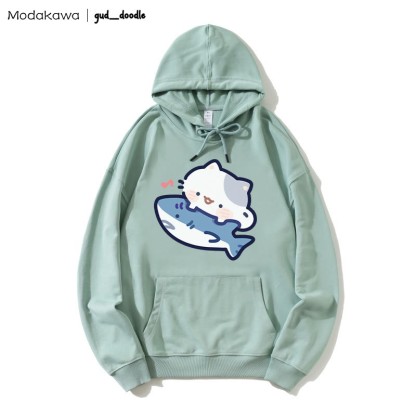 MODAKAWA X gud_doodle Kitty Shark Print Loose Hoodie - Green - 5XL - image 1