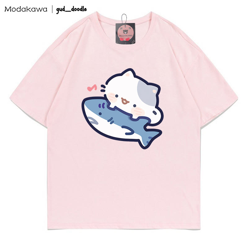 MODAKAWA X gud_doodle Kitty Shark Print T-shirt - Pink - 5XL - image 1