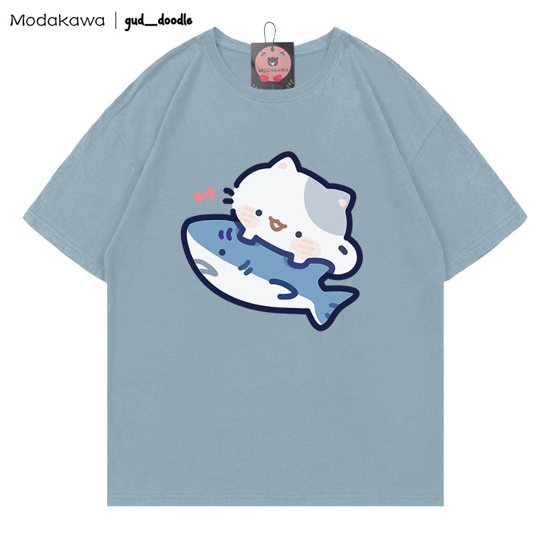 MODAKAWA X gud_doodle Kitty Shark Print T-shirt - Slate Blue - 5XL - image 8