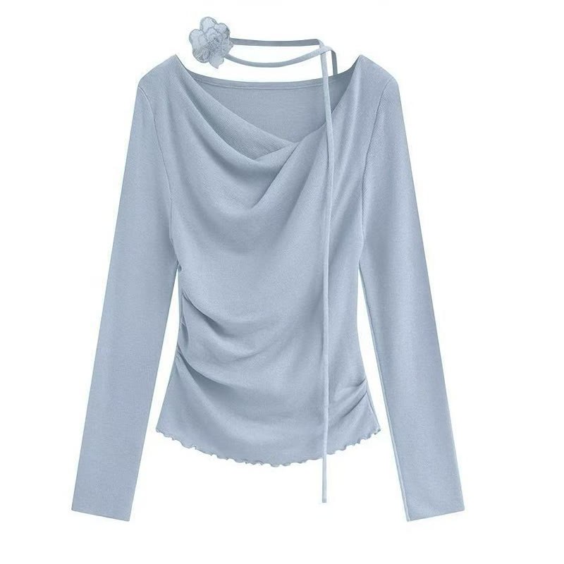Irregular Ruffle Trim Flower Strap Top - Blue - One Size - image 3