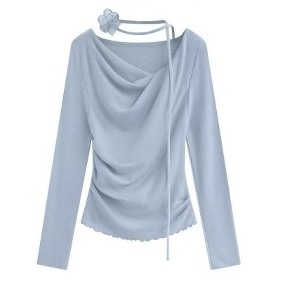 Irregular Ruffle Trim Flower Strap Top - Blue - One Size - image 3