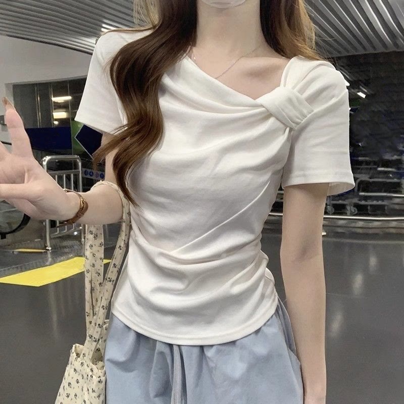 Irregular Twisted Knot Neckline T-shirt - White - XL - image 2