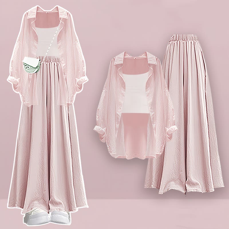 Pure Color Cardigan Crop Top Wide Leg Pantskirt Three Pieces Set - Pink - XL - image 2