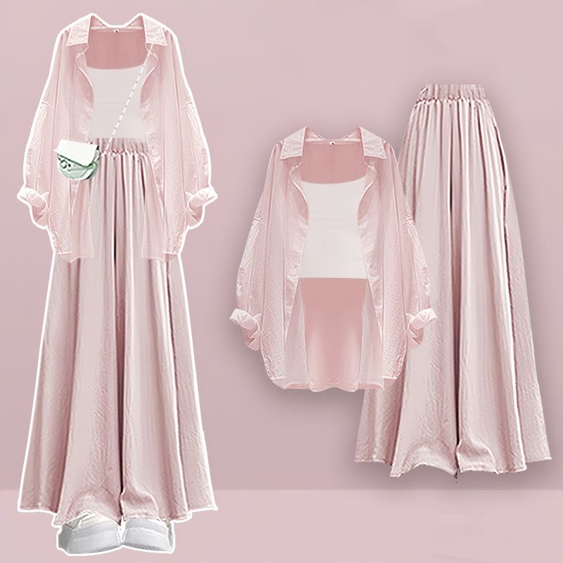Pure Color Cardigan Crop Top Wide Leg Pantskirt Three Pieces Set - Pink - XL - image 2