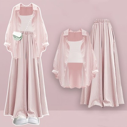 Pure Color Cardigan Crop Top Wide Leg Pantskirt Three Pieces Set - Pink - XL - image 2