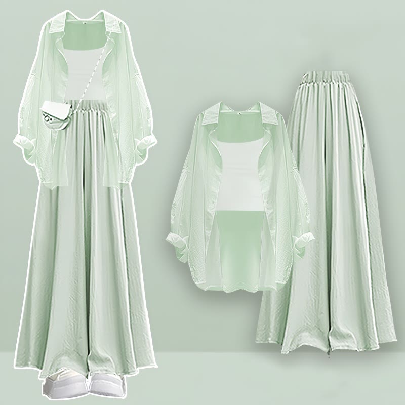 Pure Color Cardigan Crop Top Wide Leg Pantskirt Three Pieces Set - Green - XL - image 1