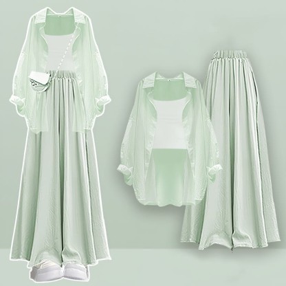 Pure Color Cardigan Crop Top Wide Leg Pantskirt Three Pieces Set - Green - XL - image 1