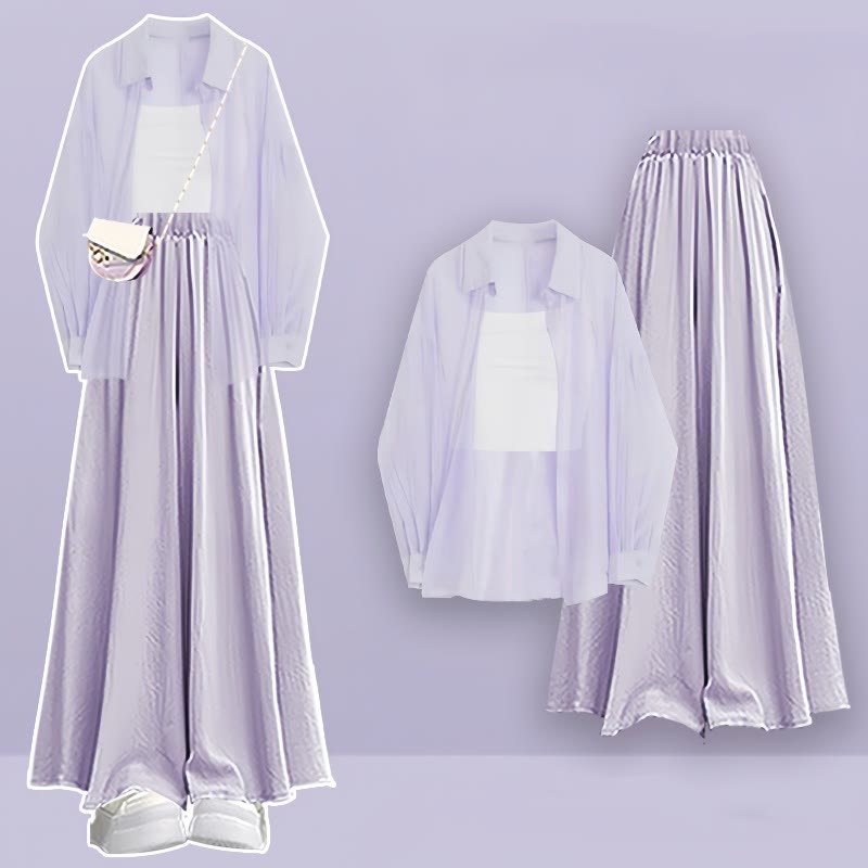 Pure Color Cardigan Crop Top Wide Leg Pantskirt Three Pieces Set - Purple - XL - image 3