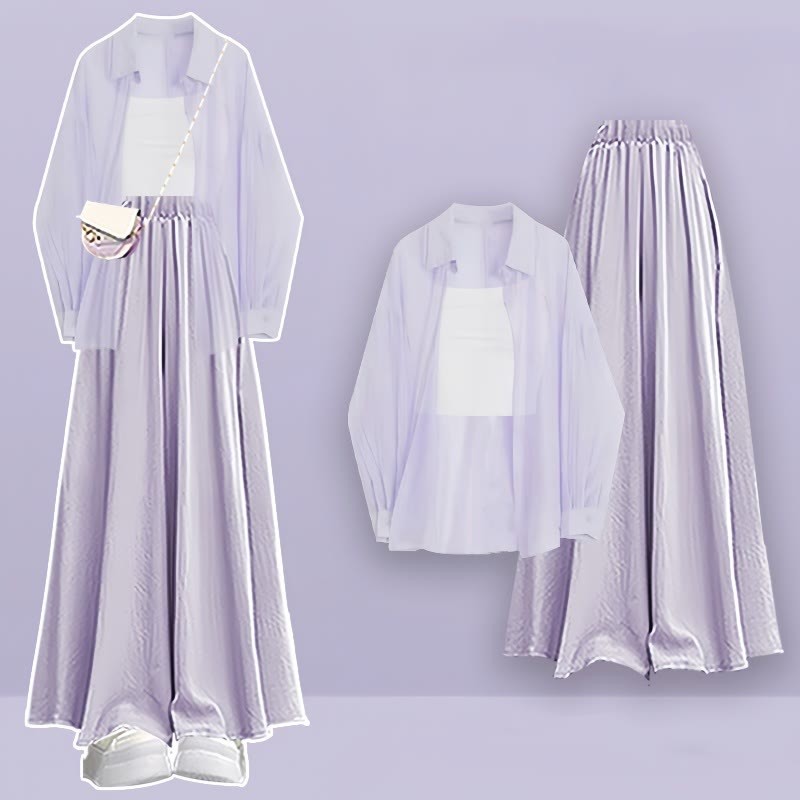 Pure Color Cardigan Crop Top Wide Leg Pantskirt Three Pieces Set - Purple - XL - image 3