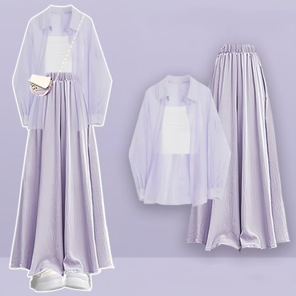 Pure Color Cardigan Crop Top Wide Leg Pantskirt Three Pieces Set - Purple - XL - image 3