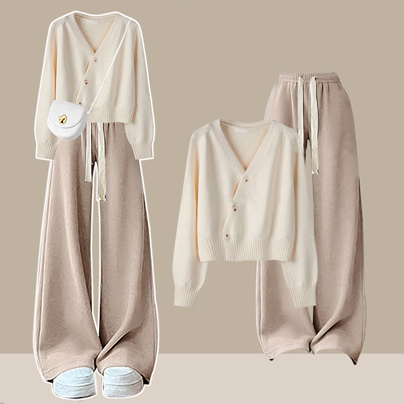 V-neck Knit Cardigan Wide Leg Pants Two Pieces Set - Apricot&Khaki - 3XL - image 1