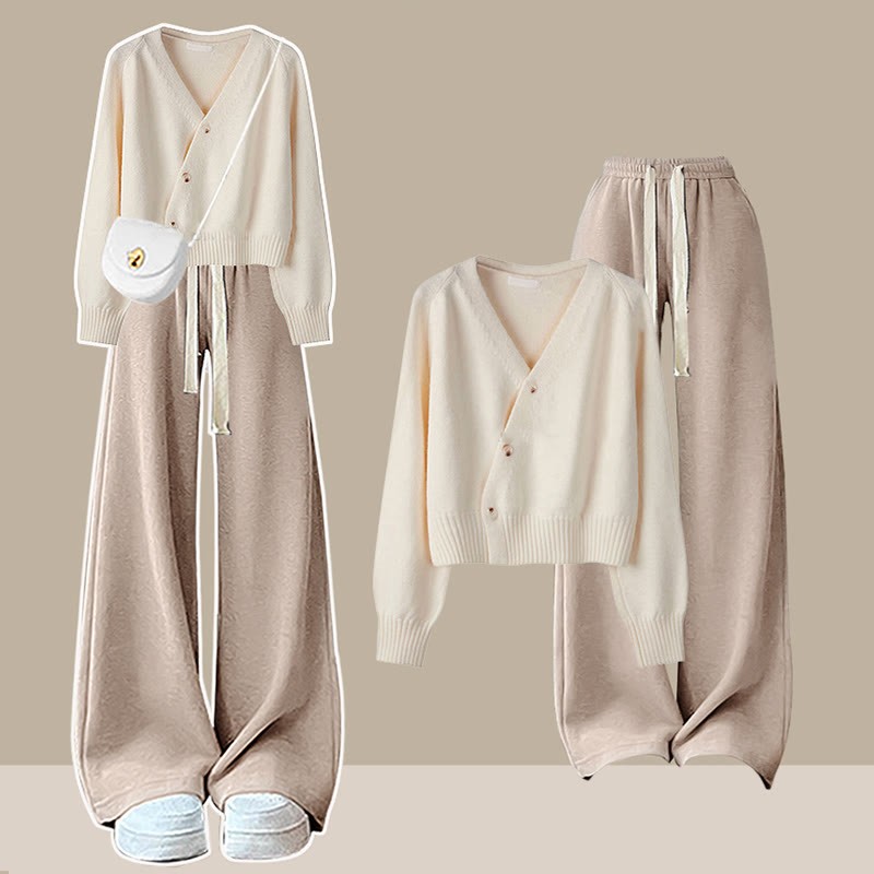 V-neck Knit Cardigan Wide Leg Pants Two Pieces Set - Apricot&Khaki - 3XL - image 1