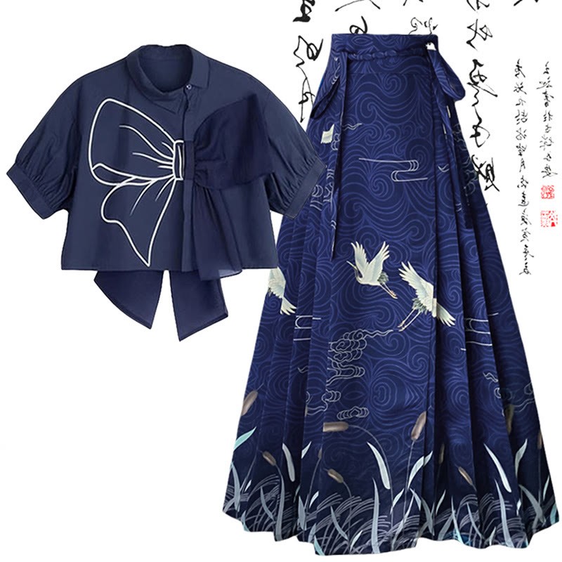 Bow Print Print T-Shirt High Waist Pleated Skirt - Blue T-Shirt+Skirt - XL - image 1