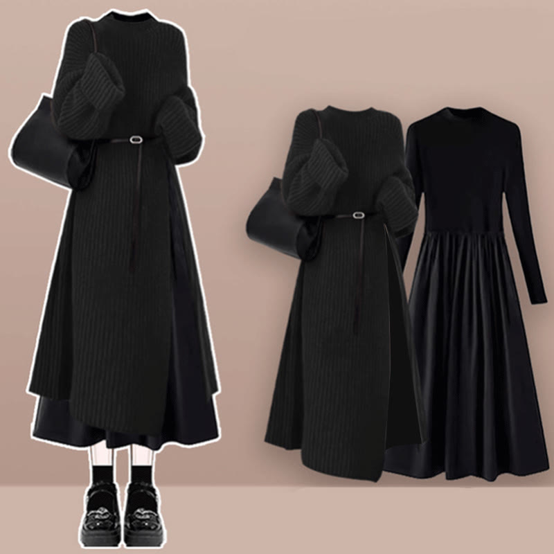 Knit Sweater Dress Black Dress Two Pieces Set - Set E - XL - image 5