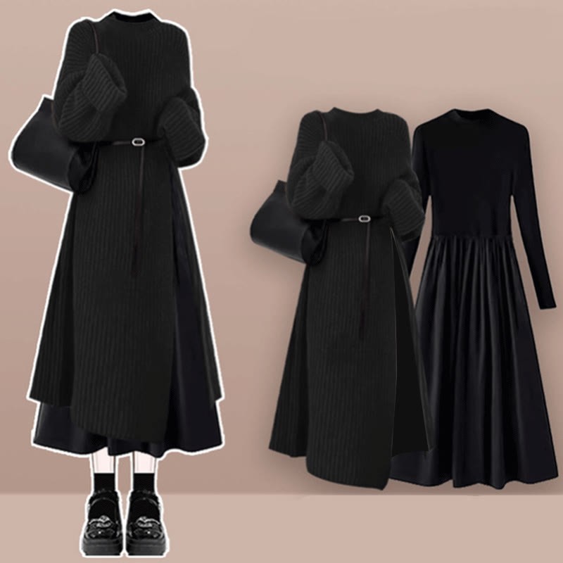 Knit Sweater Dress Black Dress Two Pieces Set - Set E - XL - image 5