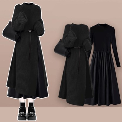 Knit Sweater Dress Black Dress Two Pieces Set - Set E - XL - image 5