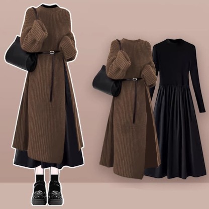 Knit Sweater Dress Black Dress Two Pieces Set - Set B - XL - image 2
