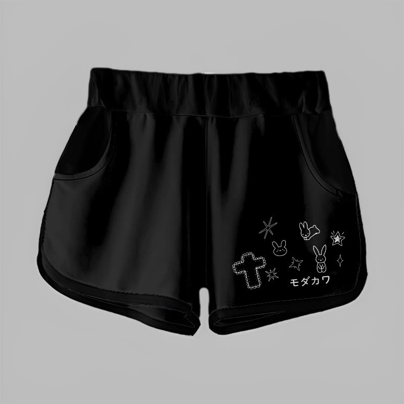 Modakawa Bunny Star Cross Letter Print Casual Shorts - Black - 5XL - image 2