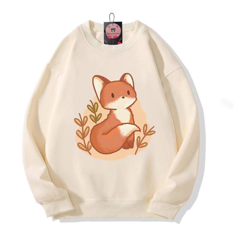 Modakawa Cartoon Fox Print Round Collar Plush Sweatshirt - Apricot A - 3XL - image 1