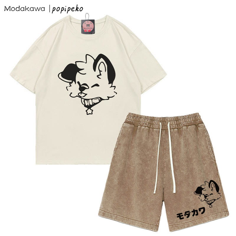 MODAKAWA X popipeko Puppy Letter T-shirt Vintage Washed Shorts Two Pieces Set - Apricot&Brown - 3XL - image 3