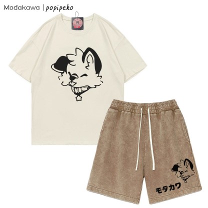 MODAKAWA X popipeko Puppy Letter T-shirt Vintage Washed Shorts Two Pieces Set - Apricot&Brown - 3XL - image 3