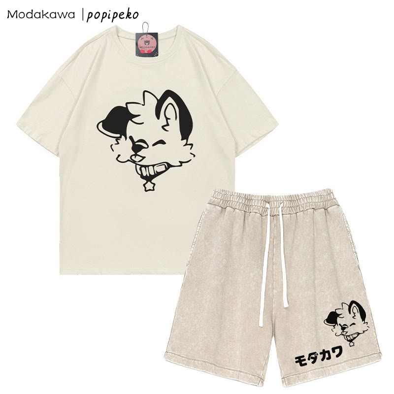 MODAKAWA X popipeko Puppy Letter T-shirt Vintage Washed Shorts Two Pieces Set - Apricot - 3XL - image 1